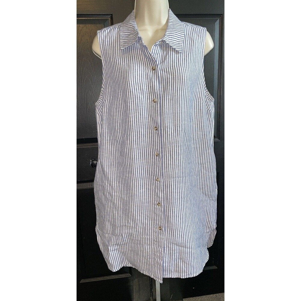 Onia Linen Sleeveless Shirt Dress L Blue White Stripe Button Tunic